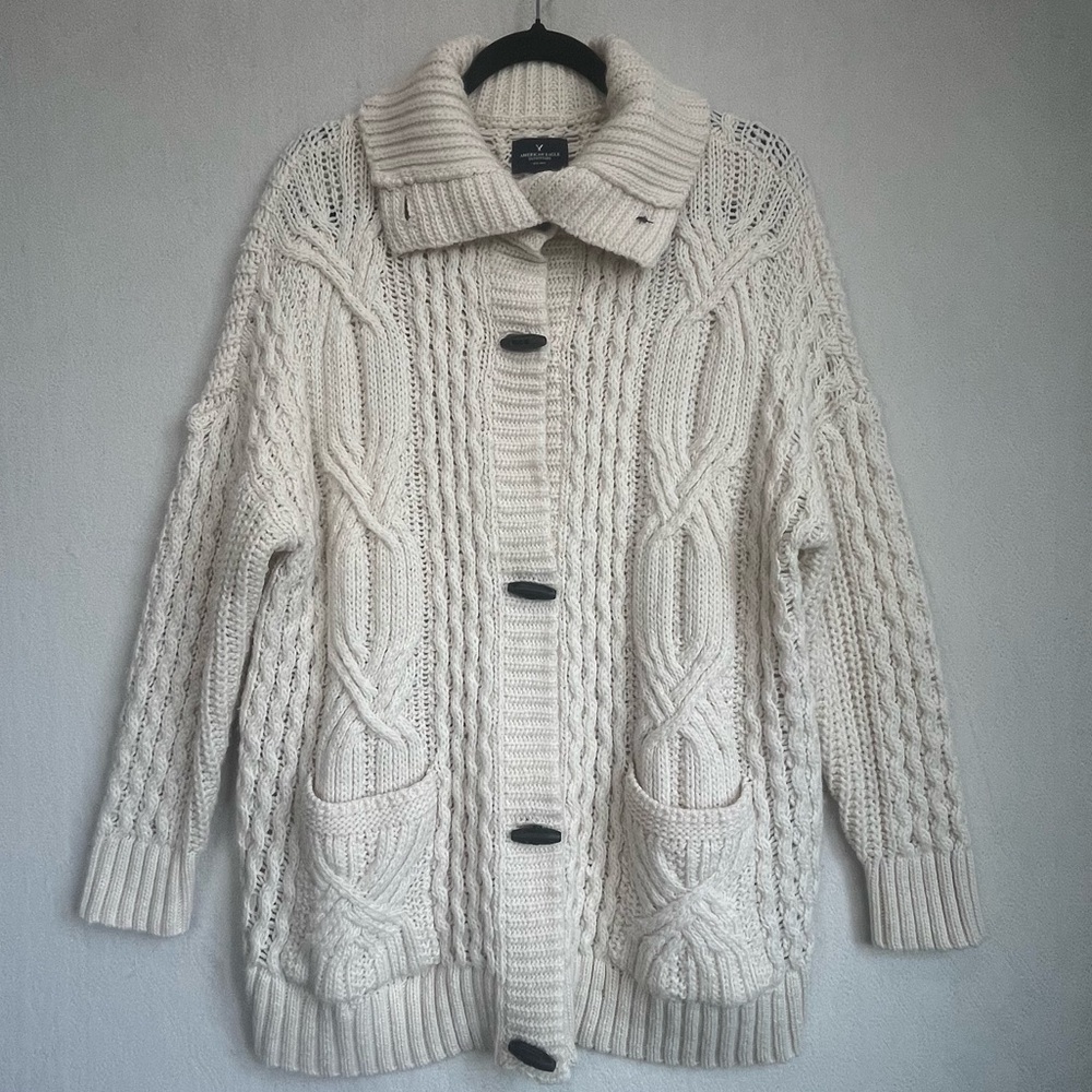 Vintage American Eagle Women's Wool Cable Knit Fishermans Cardigan Sweater Sz XL